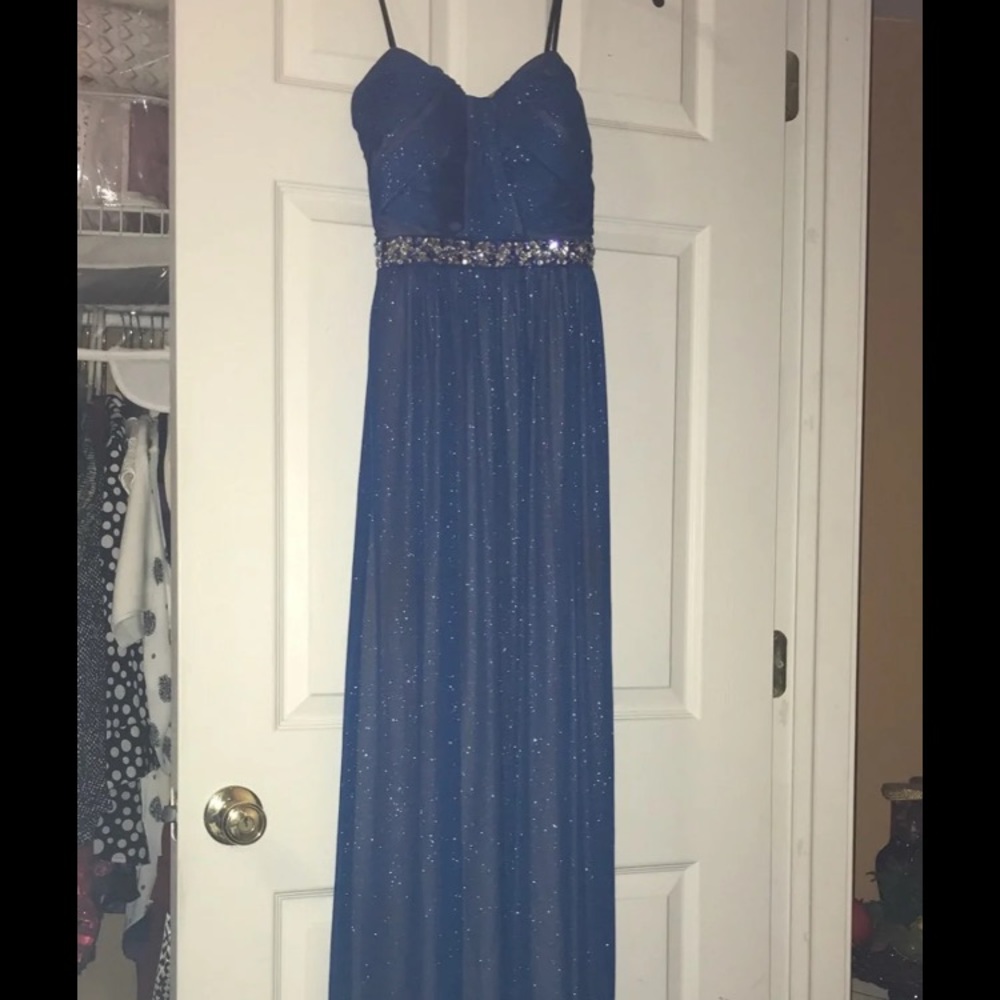 long STRAPLESS homecoming or prom dress blue